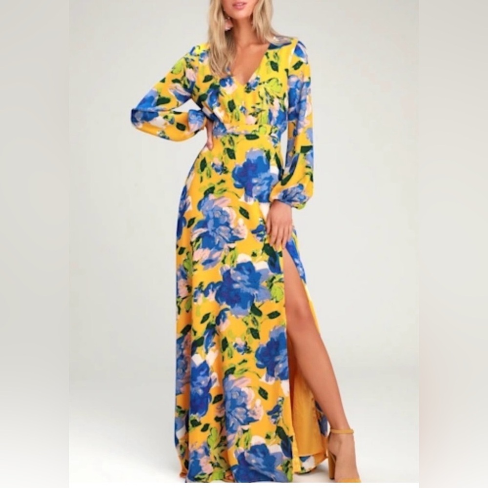 Lulu's Vibrant Yellow and Blue Floral Long Sleeve Dress